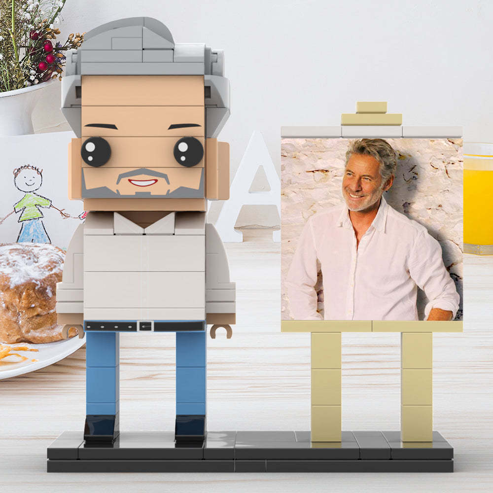 Ganzkörper-anpassbarer 1-personen-papa Mit Klassischem Weißem Hemd Und Jeans, Individuelle Ziegelsteine ​​mit Rahmenfiguren, Kleine Partikelblock-spielzeugfiguren Von Brick Me Für Den Vatertag - minebrickde