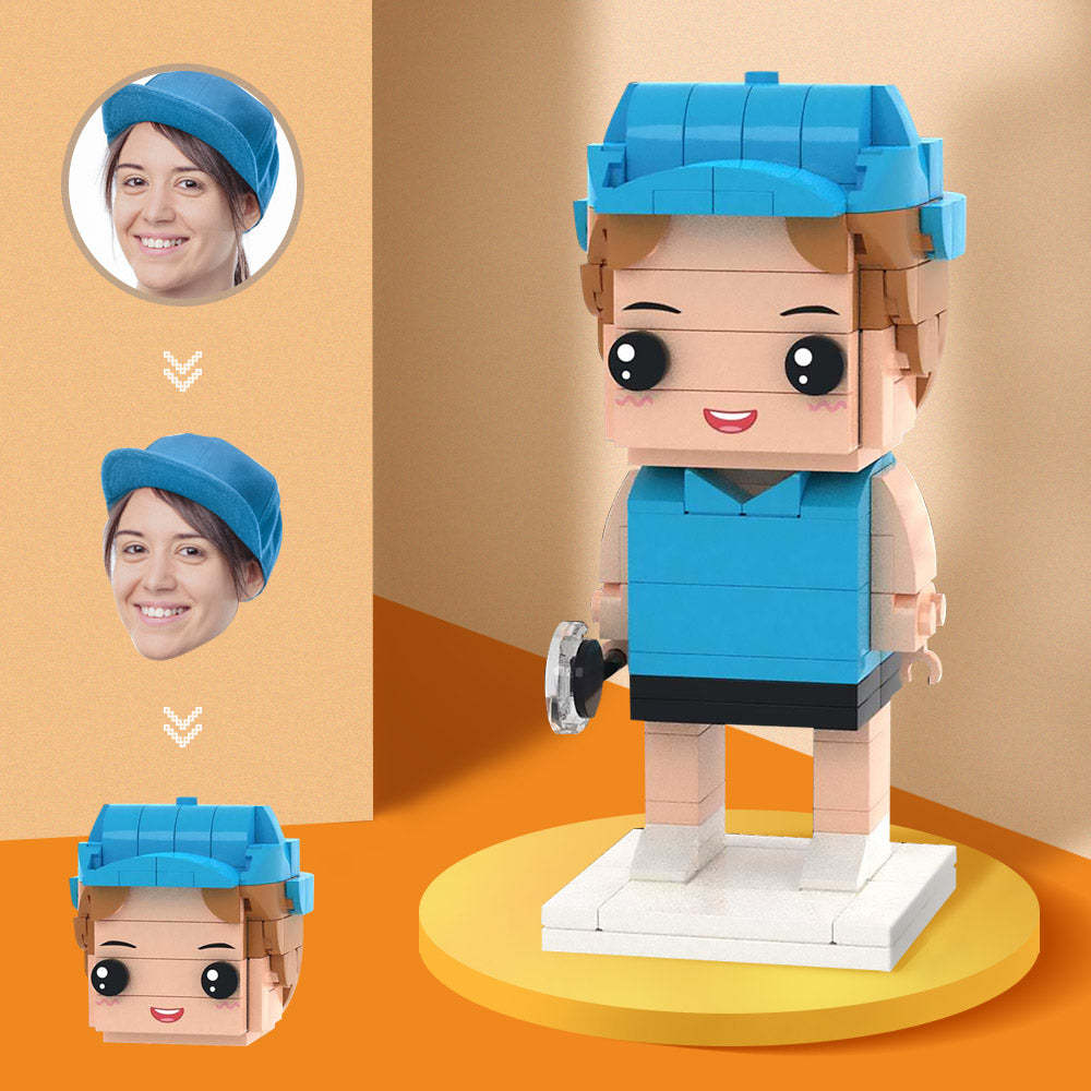 Maßgeschneiderte weibliche Tennisspieler-Figuren mit Kopf und blauem Kleid, kleines Partikel-Block-Spielzeug, anpassbare Ziegelkunst-Geschenke