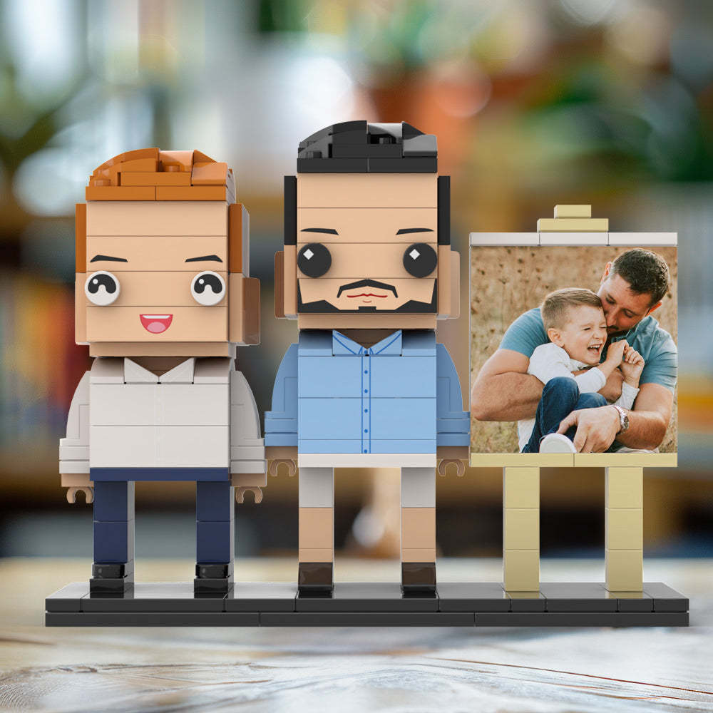 Anpassbarer Ganzkörper-fotorahmen Für 2 Personen, Vater Umarmt Seinen Sohn, Kleiner Junge, Personalisierte Ziegelfiguren, Kleines Partikelblock-spielzeug, Personalisierbar Für Den Vatertag - minebrickde