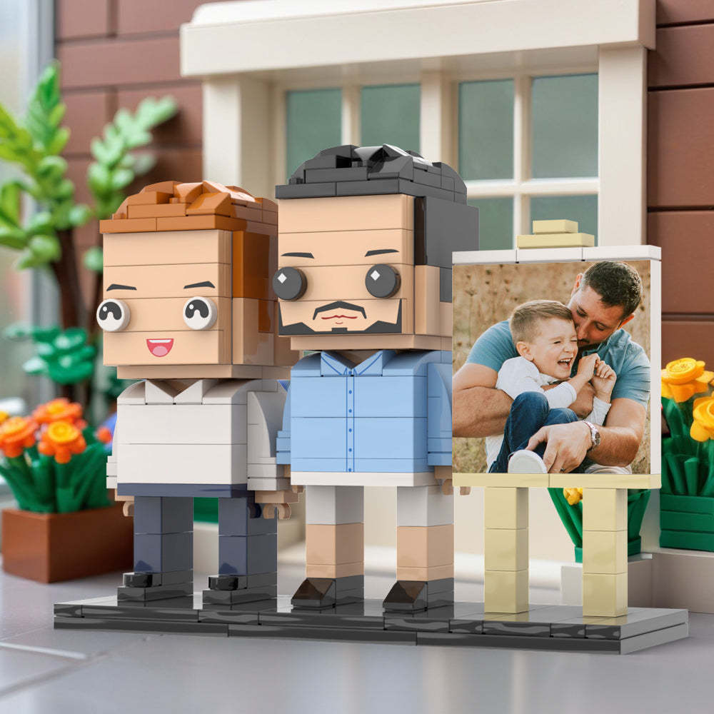 Anpassbarer Ganzkörper-fotorahmen Für 2 Personen, Vater Umarmt Seinen Sohn, Kleiner Junge, Personalisierte Ziegelfiguren, Kleines Partikelblock-spielzeug, Personalisierbar Für Den Vatertag - minebrickde