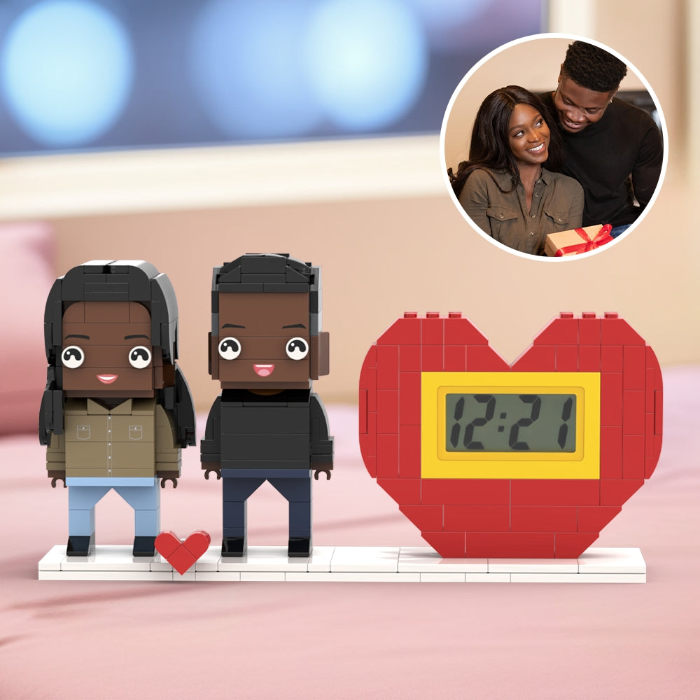 Praktisches Paargeschenk, Personalisierter Weckalarm, Ziegelsteinfigur, Geschenk Für Paare Zum Valentinstag, Quadratisches Gesicht, Schwarzer Pärchenstil, Kleiner Partikelblock, Geschenk Für Verliebte