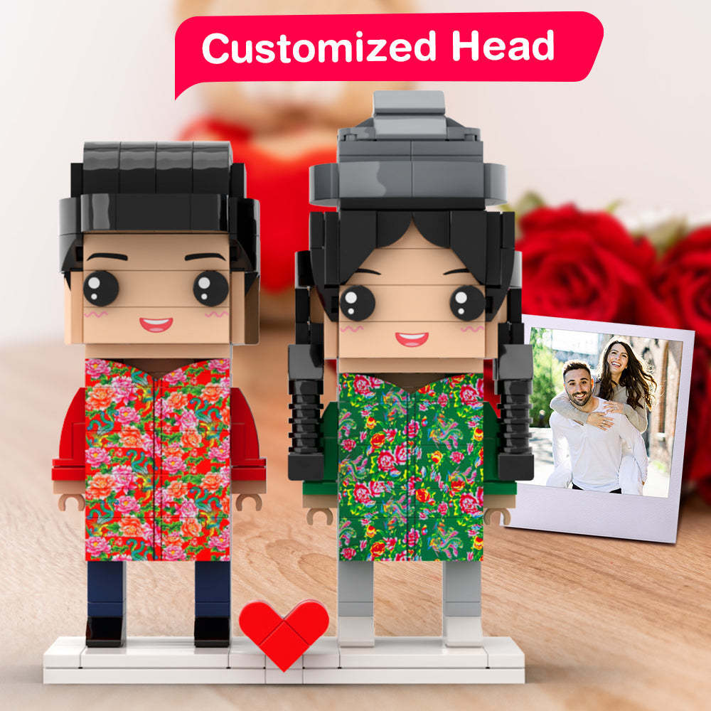 Klassisches, Passendes Vintage-hemd, Rote Blumen Und Grüne Blätter, Geschenk,Individuelles Brick Spielzeug, Personalisierte Paare,Individuelles Brick Spielzeug, Kleines Partikelblock-geschenk Für Ihren Freund