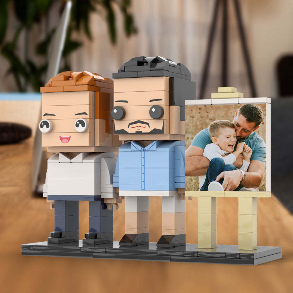 Anpassbarer Ganzkörper-fotorahmen Für 2 Personen, Vater Umarmt Seinen Sohn, Kleiner Junge, Personalisierte Ziegelfiguren, Kleines Partikelblock-spielzeug, Personalisierbar Für Den Vatertag - minebrickde