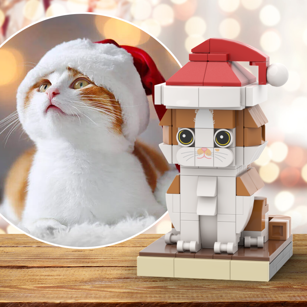 Weihnachtskatze Mit Hut, Vollständig Am Körper Anpassbar, 1 Katze, Personalisiertes Weihnachts-katzenfoto, Individuell,Individuelles Brick Spielzeug, Kleiner Partikelblock, Individuell Anpassbar, Nur Katze