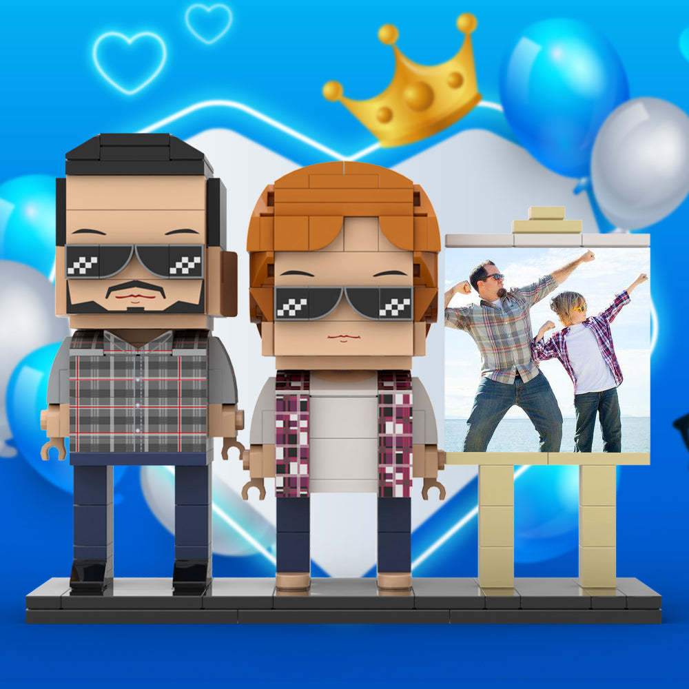 Ganzkörper-anpassbares 2-personen-papa Und Sein Sohn Posieren In Richtung Sonne, Fotorahmen, Personalisierbar, Individuelle Ziegelfiguren, Kleines Partikel-blockspielzeug, Personalisierbar Für Den Vatertag - minebrickde