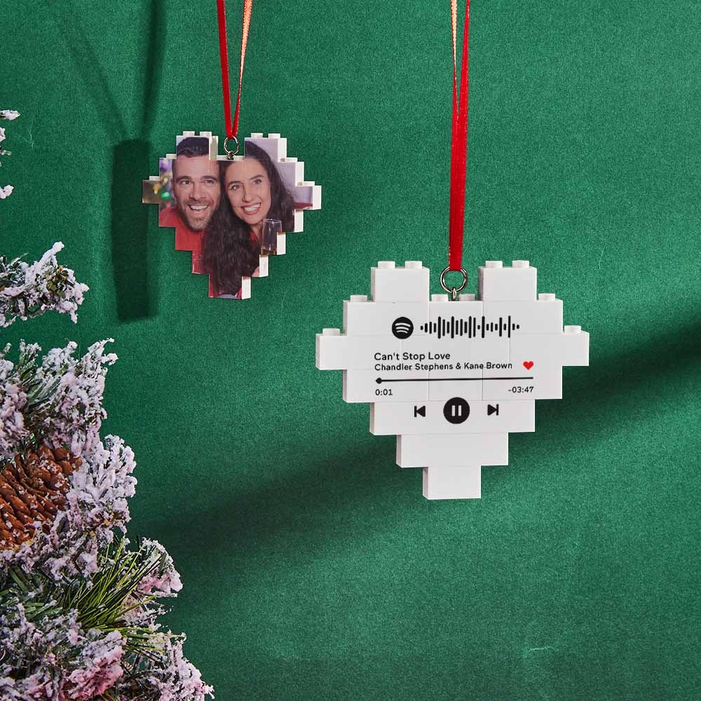 Weihnachtsschmuck, personalisierter Baustein, individueller Musikcode, Herz-Fotoblock