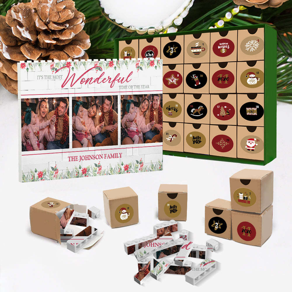 Weihnachts-adventskalender, Individuelles Baustein-puzzle, Blindbox, Geschenke, Personalisierbar, Horizontales Trio, Fotostein, Weihnachten, Wunderbare Zeit