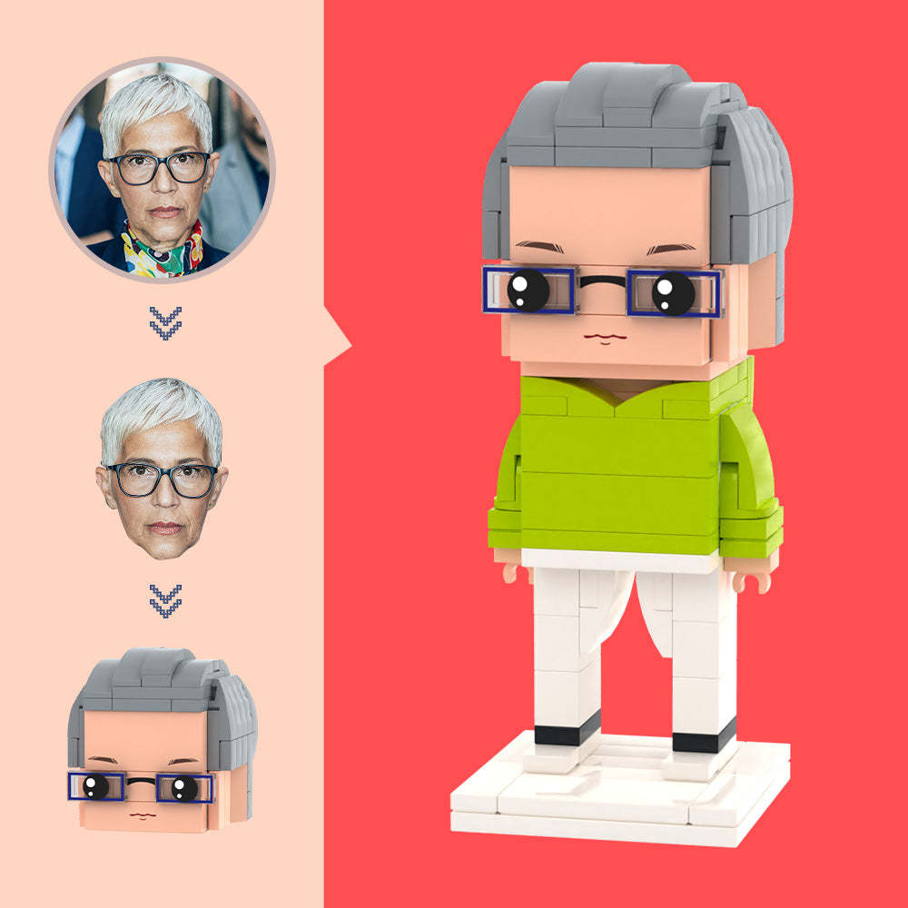 Maßgeschneiderte Kopf-Grün-Sweatshirt-Figuren, kleines Partikel-Block-Spielzeug, anpassbare Ziegelkunst-Geschenke