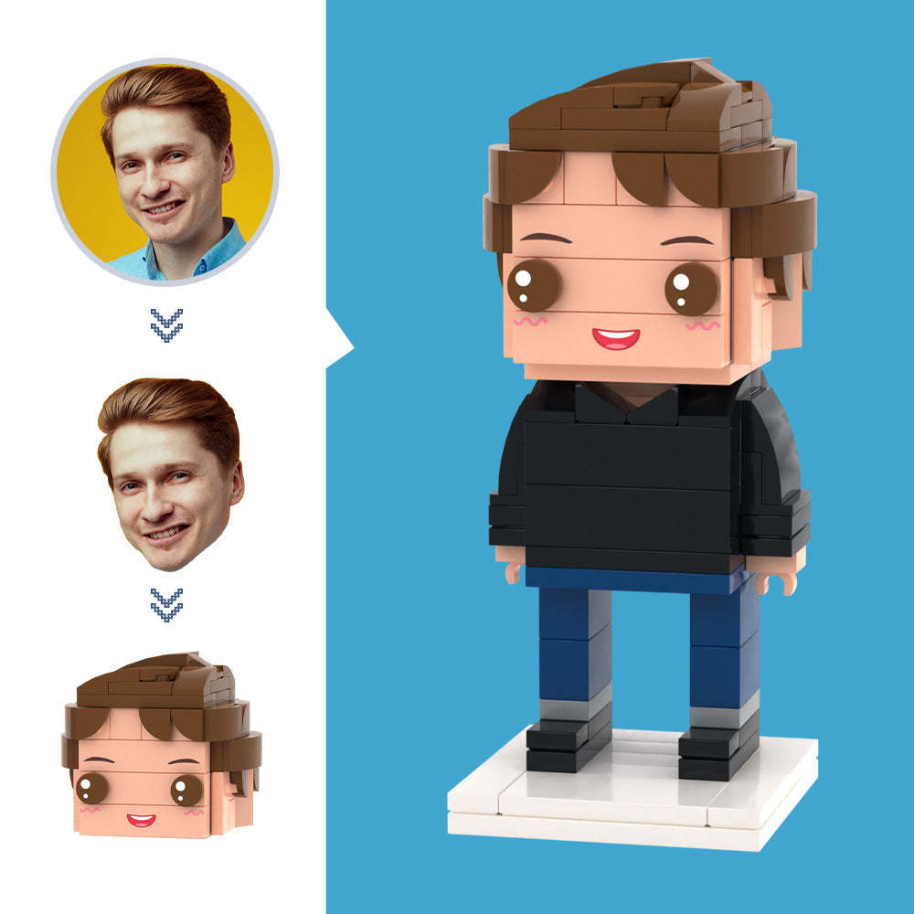 Maßgeschneiderte Kopf-Schwarzpullover-Figuren, kleines Partikel-Block-Spielzeug, anpassbare Ziegelkunst-Geschenke