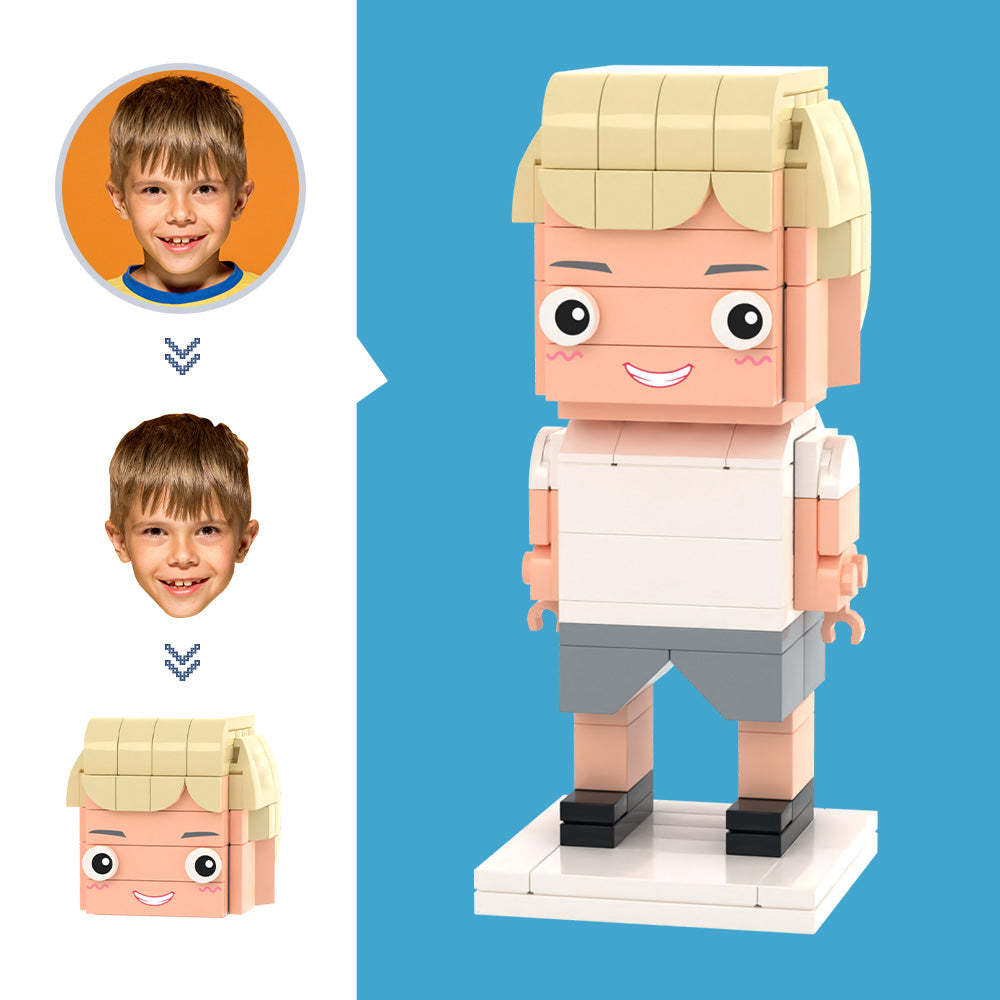 Maßgeschneiderter Kopf, Freizeitbereich, weißes T-Shirt, Figuren, kleines Partikel-Block-Spielzeug, anpassbare Ziegelkunst-Geschenke