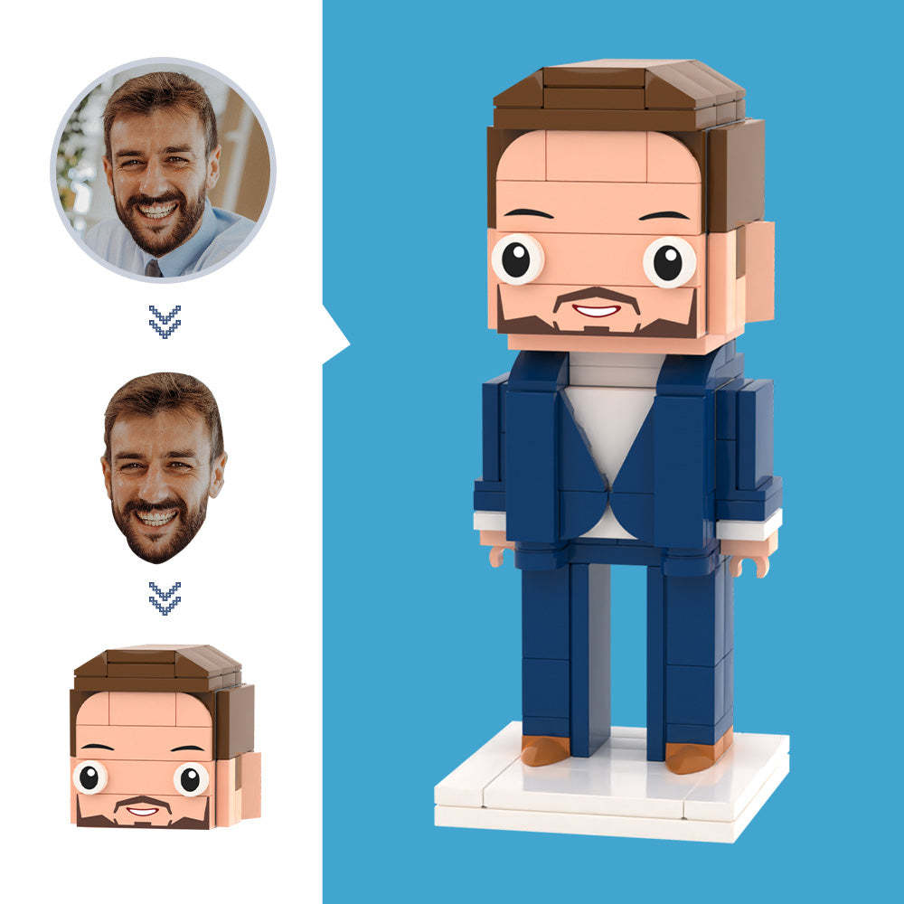 Maßgeschneiderte Kopf-Business-Figuren mit blauem Anzug, kleines Partikel-Block-Spielzeug, anpassbare Ziegelkunst-Geschenke