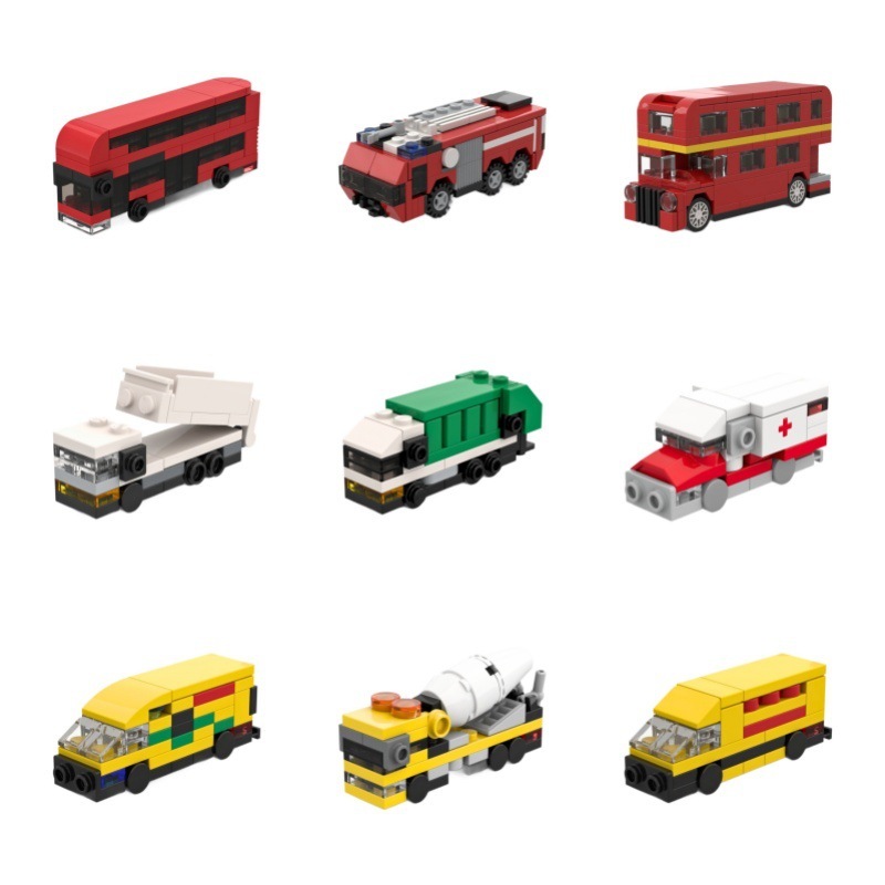 Klein Autobausteine ​​busse Lkws, Erdbewegungsfahrzeuge Rennwagen Transportfahrzeuge Zusammenbau Kleiner Partikel - 