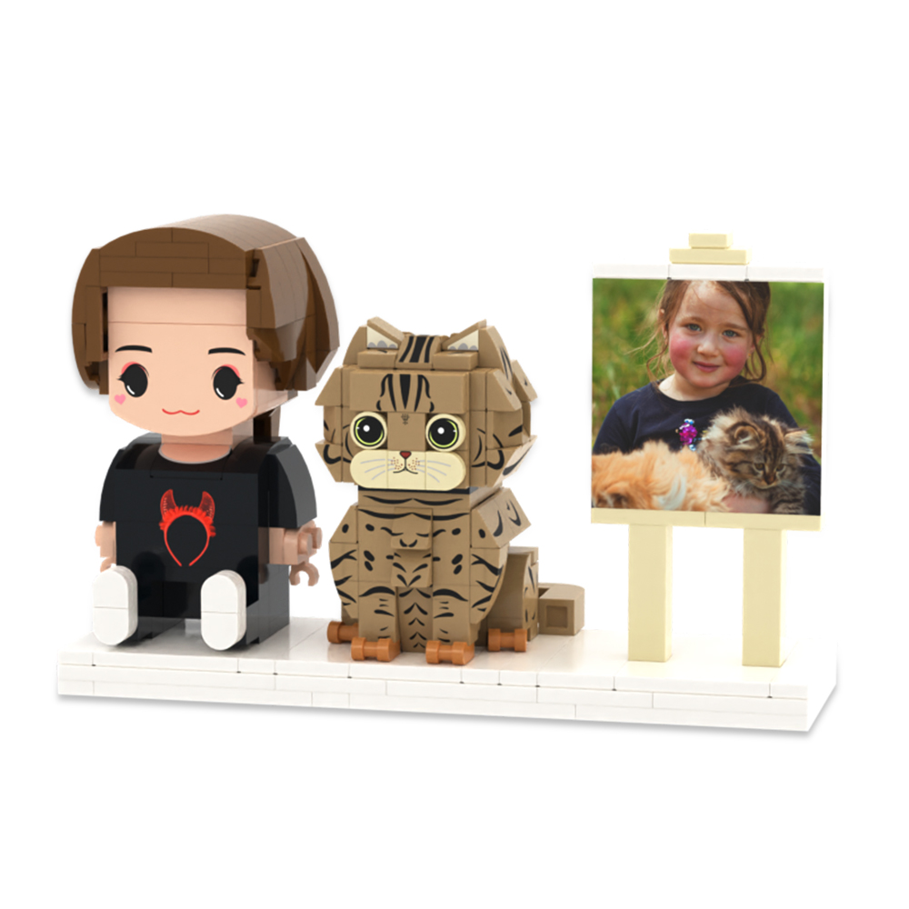 Individuell Gestaltbare Ganzkörper-spielfiguren Aus Bausteinen, Personalisierte Sitzende Spielfiguren Aus Bausteinen, Kinder Und Katze, Universelles Steckspielzeug Aus Kunststoff, Weihnachtsgeschenk