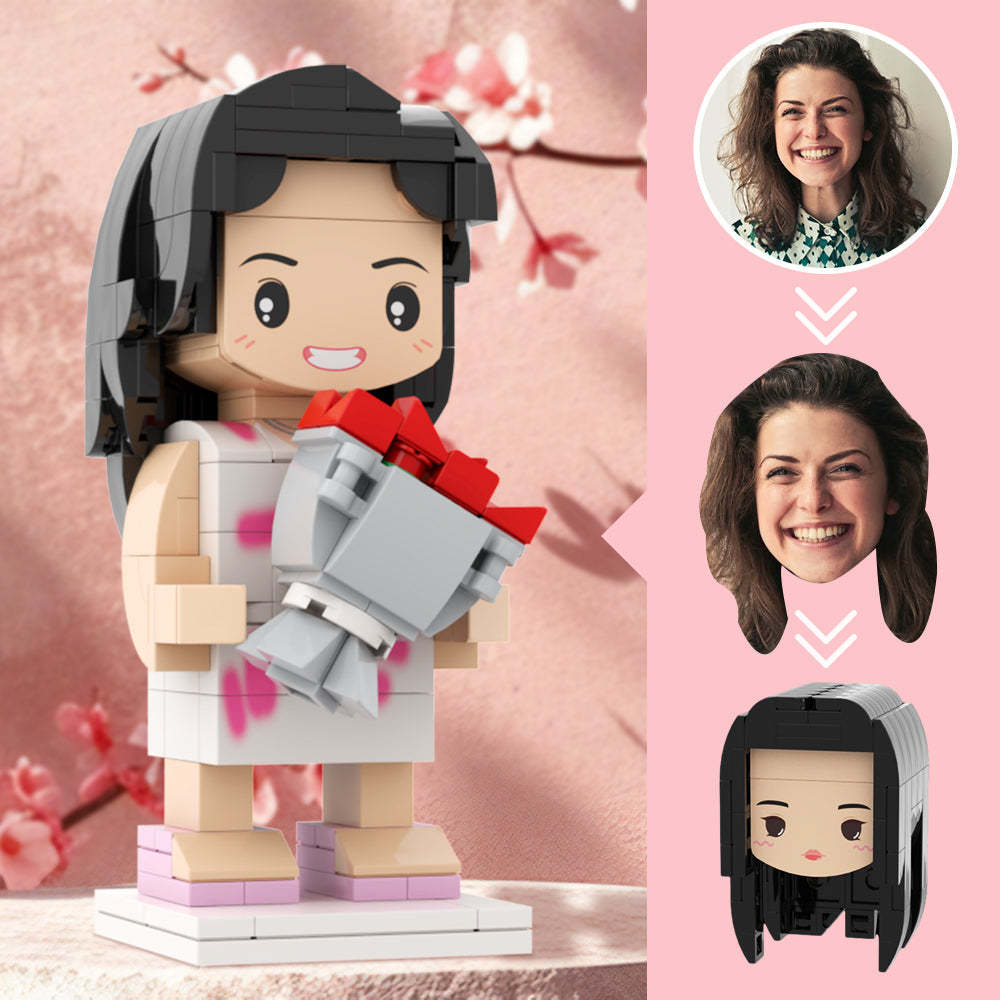 Benutzerdefinierte Ziegelsteinfiguren, Anpassbarer Kopf, Rundes Gesicht, Junge Mutter, Die Blumen Hält, Geschenk Für Mama - minebrickde