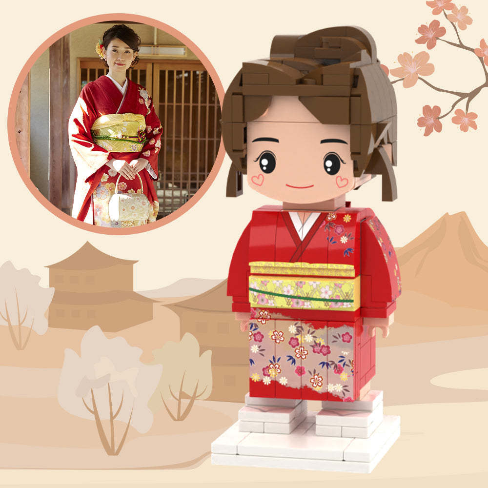 Benutzerdefinierte Ziegelsteinfiguren Ganzkörper Anpassbarer Japanischer Stil Für Mädchen Im Roten Kimono