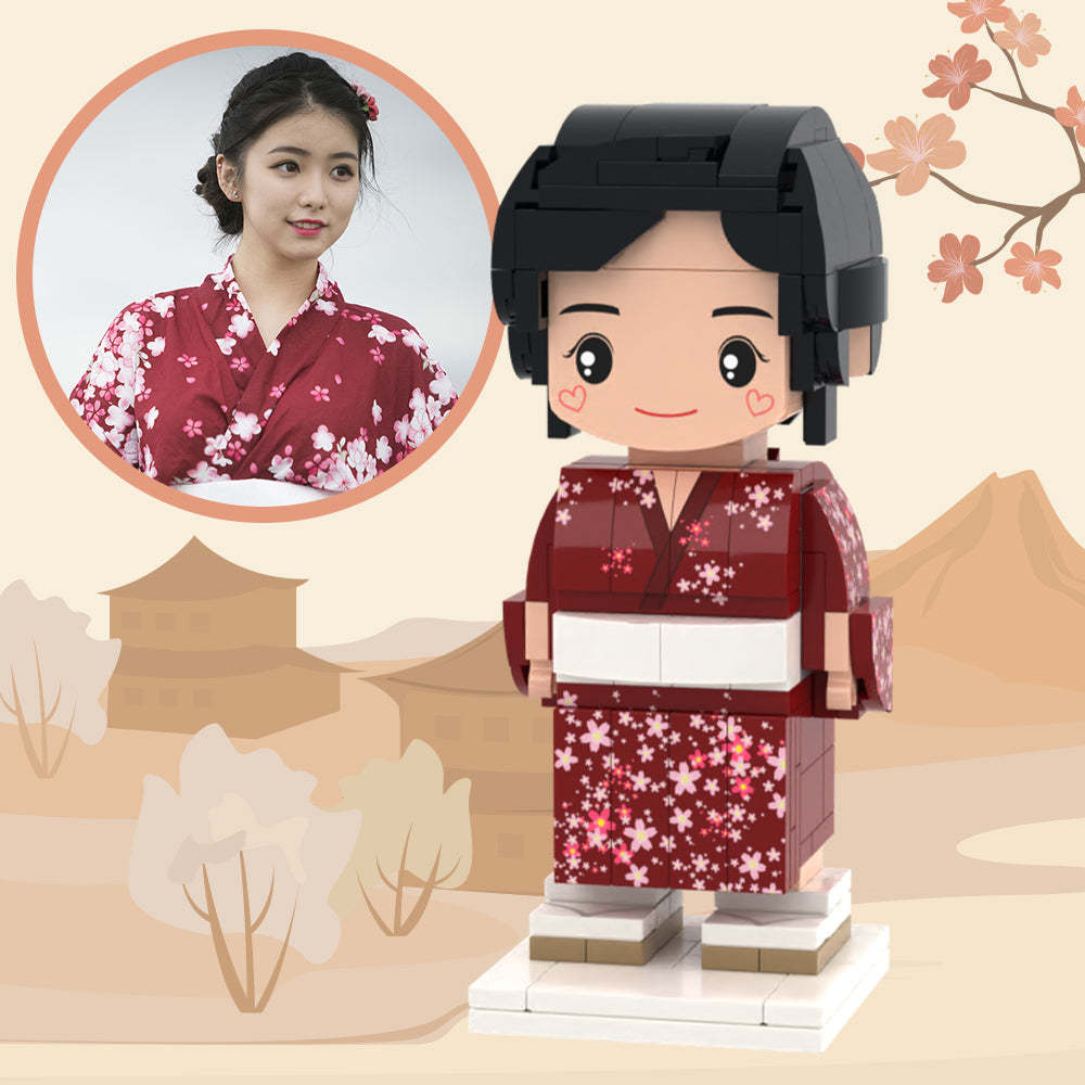 Benutzerdefinierte Ziegelsteinfiguren Ganzkörper Anpassbarer Japanischer Stil Für Mädchen Im Rosafarbenen Kimono