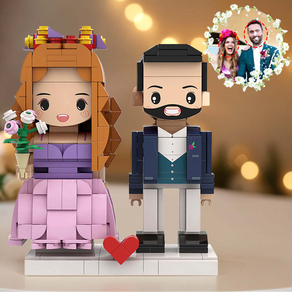 Einzigartiges Rosa Tailliertes Weißes Hochzeitskleid Und Dunkelblauer Anzug, Anpassbarer Runder Kopf Für Ein Ehepaar Zum Hochzeitstag - minebrickde