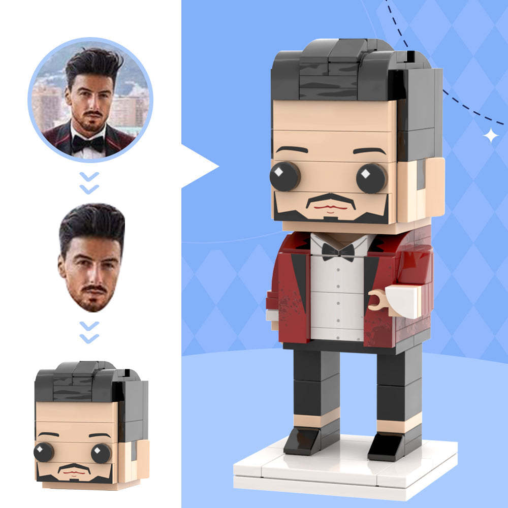 Fantastischer Roter Anzug Für Ehemann, Individueller Kopf, Ziegelfiguren, Personalisierte Ziegelfiguren, Kleiner Partikelblock, Hochzeitstag, Geschenk Für Frisch Verheirateten Bräutigam - minebrickde