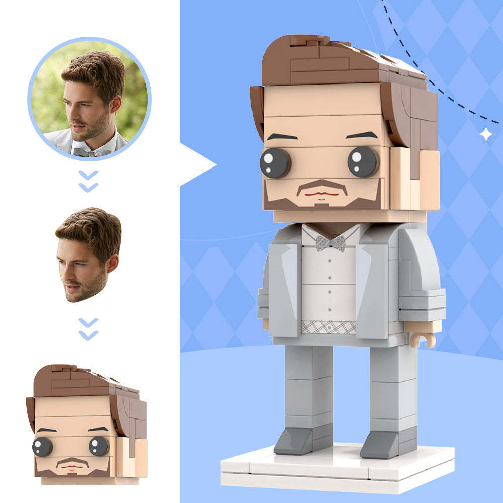 Altmodischer Grauer Anzug Für Ehemann, Individueller Kopf, Ziegelfiguren, Personalisierte Ziegelfiguren, Kleiner Partikelblock, Hochzeitstag, Geschenk Für Den Bräutigam - minebrickde