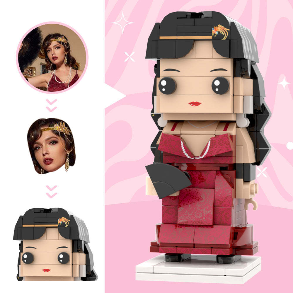Atemberaubend Wunderschönes Traditionelles Rotes Kleid Mit Accessoires Für Die Frau. Individueller Kopf Aus Ziegelsteinfiguren. Personalisierte Ziegelfiguren. Hochzeitstagsgeschenk Für Die Braut Und Eine Rauchend Heiße Frau - minebrickde