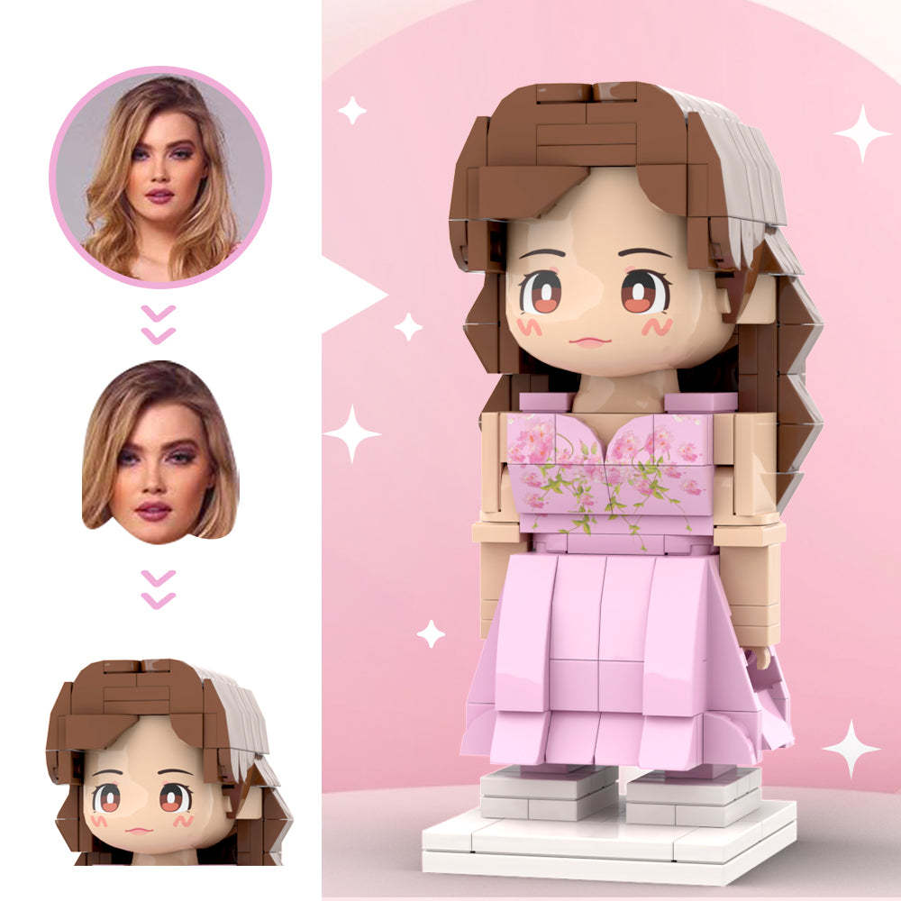 Hübsches Besonderes Rosa Blumenkleid, Individueller Kopf, Ziegelfiguren, Personalisierte Ziegelfiguren, Geschenk Zum Hochzeitstag - minebrickde