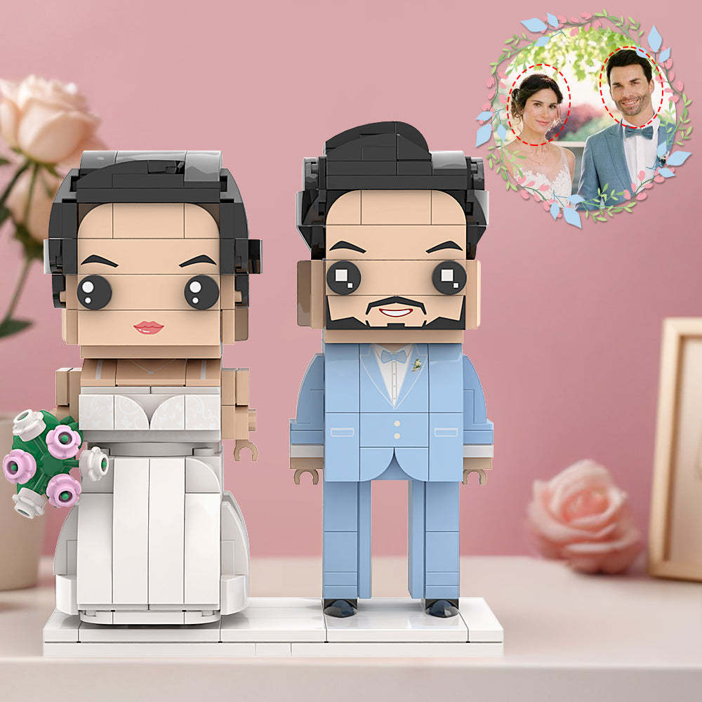 Hellblauer Anzug Mit Corsage Und Schneeweißem Hochzeitskleid, Paar Aus Ziegelsteinfiguren, Personalisierter Kopf Aus Ziegelsteinfiguren, Kleiner Partikelblock Als Souvenir Zum Hochzeitstag - minebrickde