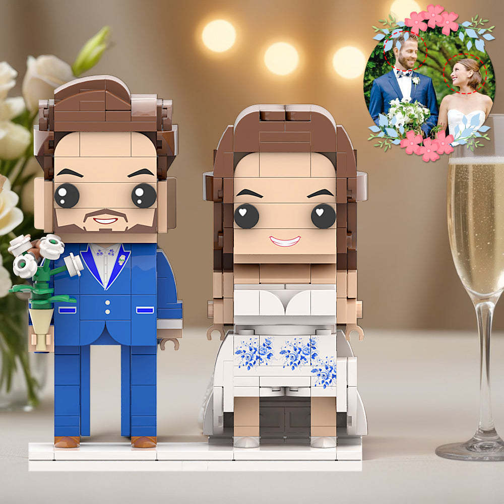 Ozeanblauer Anzug Und Blaues Muster, Hochzeitskleid, Paar, Ziegelfiguren, Personalisierter Kopf, Ziegelfiguren, Diy Für Hochzeitstag, Souvenir - minebrickde