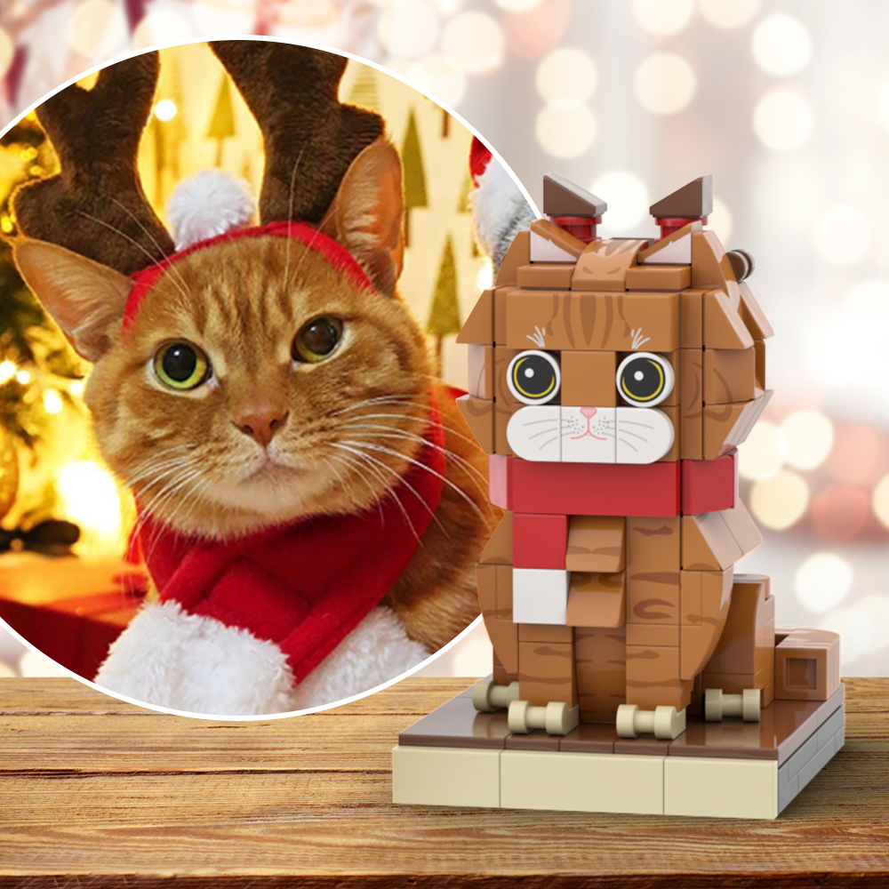 Weihnachtskatze Mit Schal Und Rentier-zubehör, Vollständig Anpassbar, 1 Katze, Personalisiertes Weihnachts-katzenfoto, Individuell,Individuelles Brick Spielzeug, Kleiner Partikelblock, Individuell Anpassbar, Nur Katze