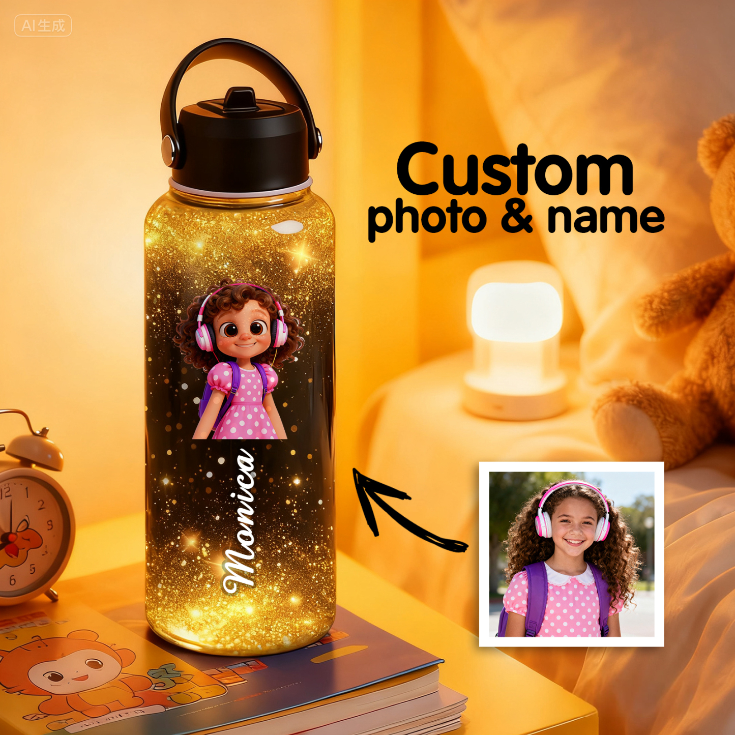Custom Cartoon Water Bottle with Personalized Portrait & Name | Unique Gift for Kids & Teens - MyJigsawPuzzleAu