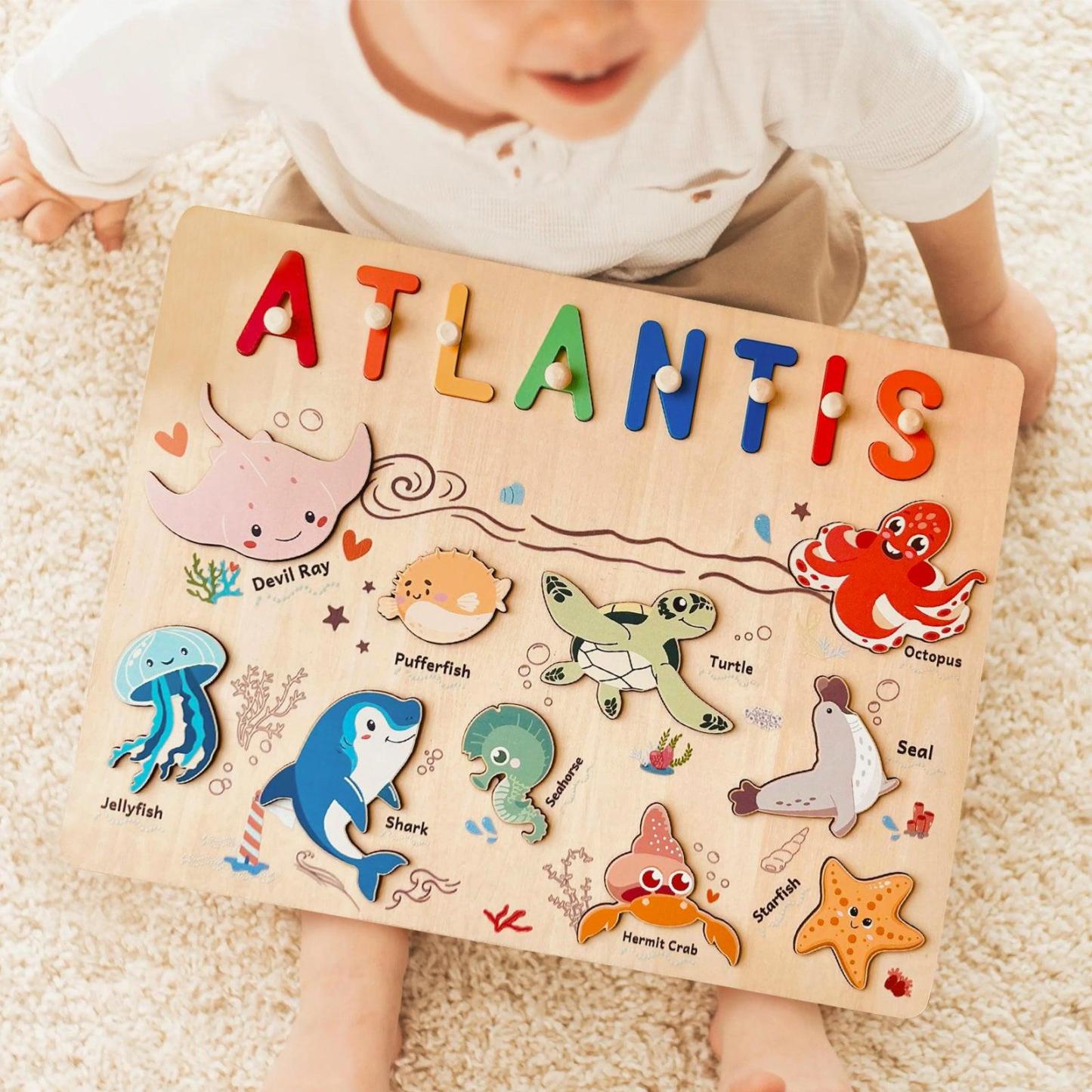 Personalized Wooden Name Puzzle - Ocean Animal Toy for Toddlers