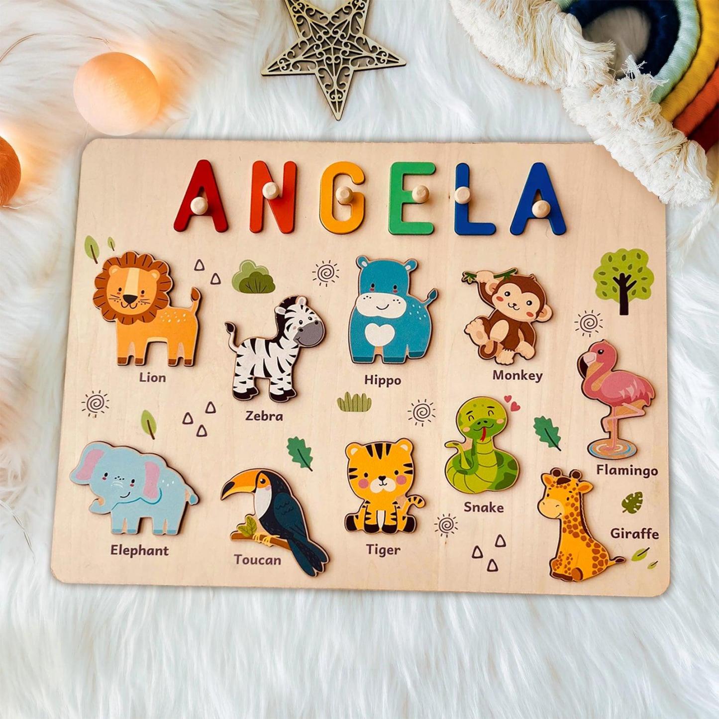 Personalized Wooden Name Puzzle - Safari Animal Learning Toy for Toddlers