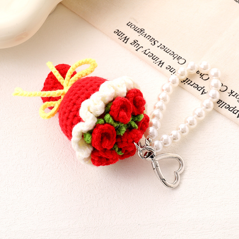 Pearl Chain Handwoven Floral Keychain - Bohemian Rose Wristlet, Elegant Purse Accessory for Women - MyJigsawPuzzleAu