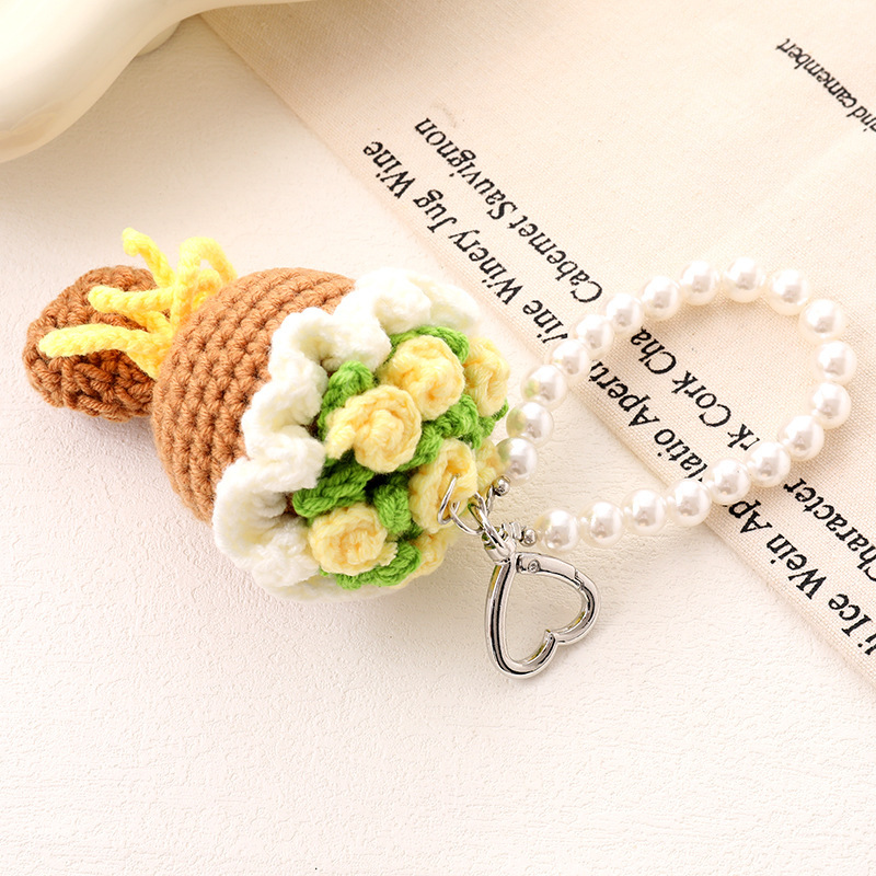 Pearl Chain Handwoven Floral Keychain - Bohemian Rose Wristlet, Elegant Purse Accessory for Women - MyJigsawPuzzleAu