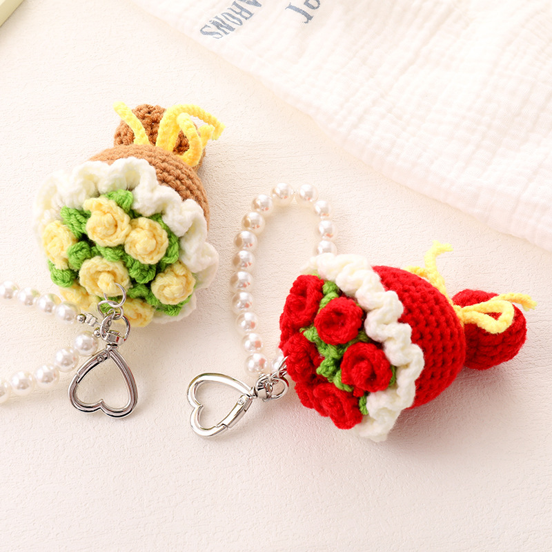 Pearl Chain Handwoven Floral Keychain - Bohemian Rose Wristlet, Elegant Purse Accessory for Women - MyJigsawPuzzleAu