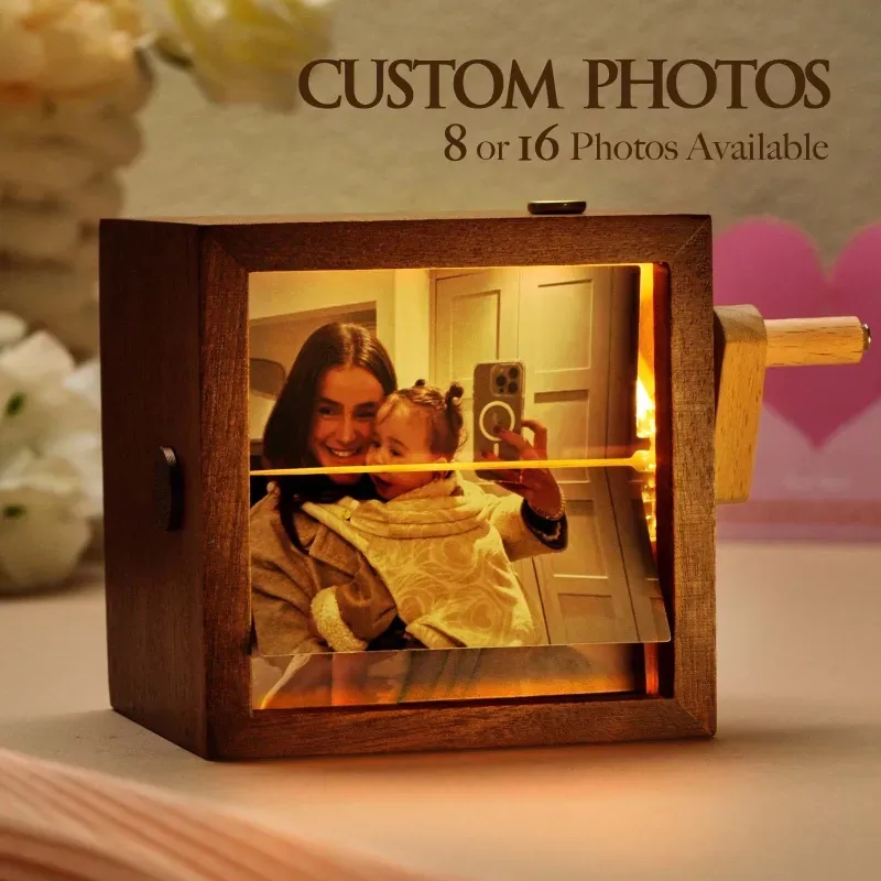 Custom Creative Baby Memory Cube Personalize Hand-Turned Flipbook Frame in Walnut with LED Lighting Gift For Mother