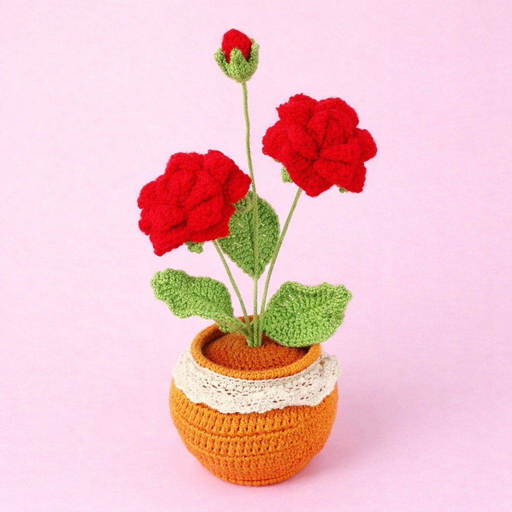 Handmade Crochet Rose Potted Plant Yarn Flower for Home Decor Gift - MyJigsawPuzzleAu