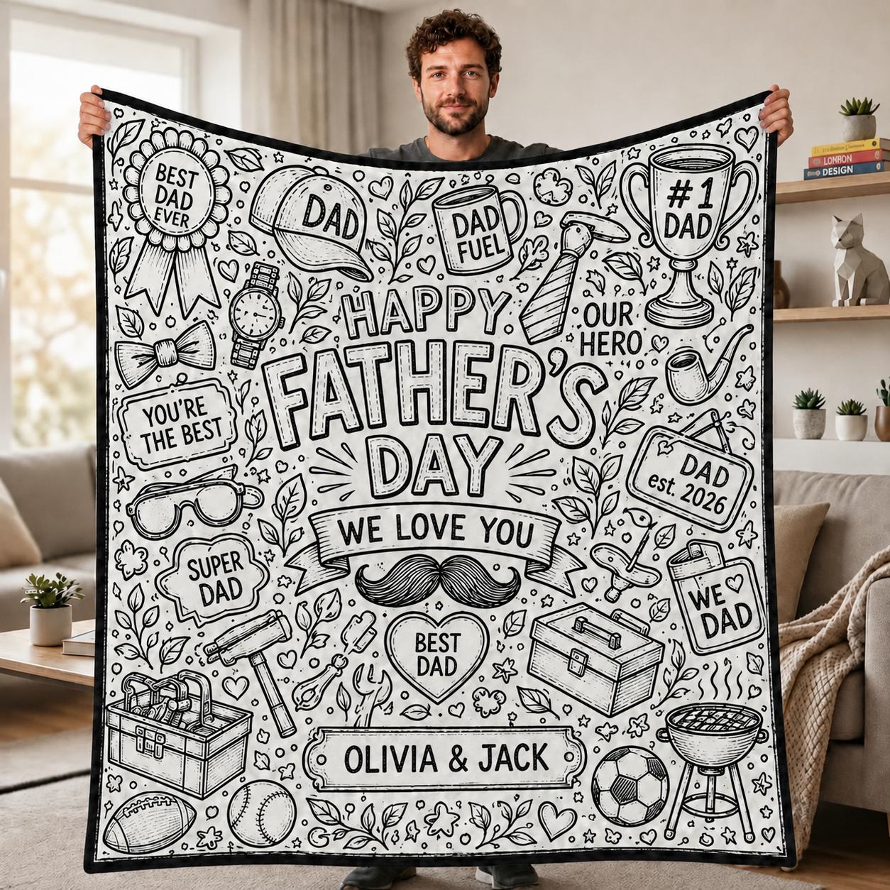 DIY Drawing Blanket (Optional 24-Color Marker Set) , Multi-Theme Create-Your-Own Art Blanket for Dad Kids, Couples, Families & Pet Lovers