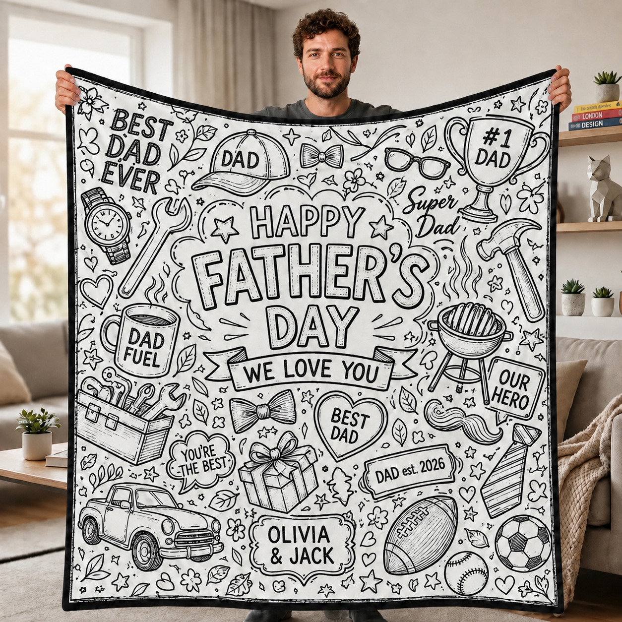 DIY Drawing Blanket (Optional 24-Color Marker Set) , Multi-Theme Create-Your-Own Art Blanket for Dad Kids, Couples, Families & Pet Lovers