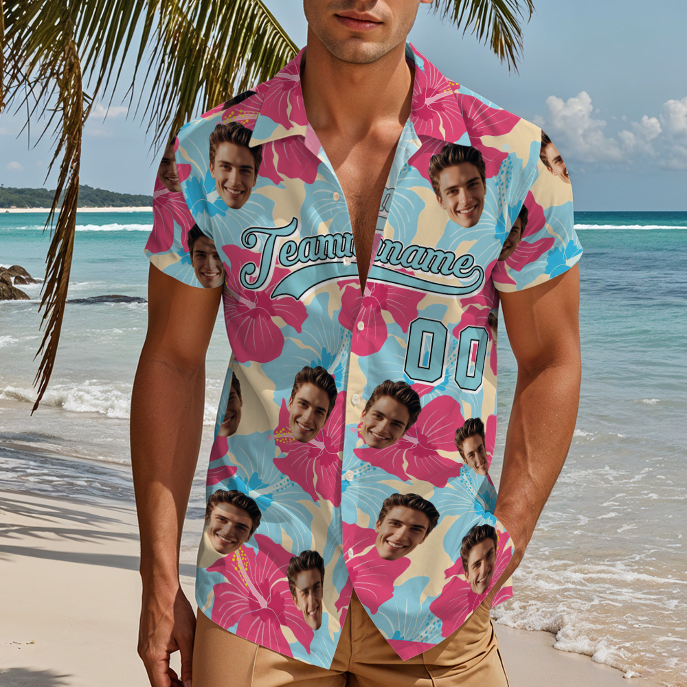 Custom Hawaiian Shirt Personalized Team Name & Number Custom Face Tropical Summer Vacation Shirt for Men, Birthday, Beach, Party Gift - MyJigsawPuzzleAu