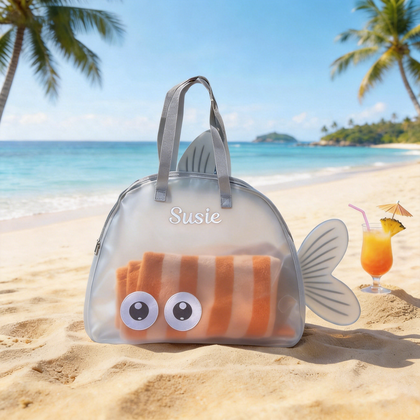 Custom Embroidered Kids Beach Bag, Mesh Fish Beach Tote, Personalized Children's Beach Tote Bag, Kids' Toy Beach Bag, Gift for Kids - MyJigsawPuzzleAu