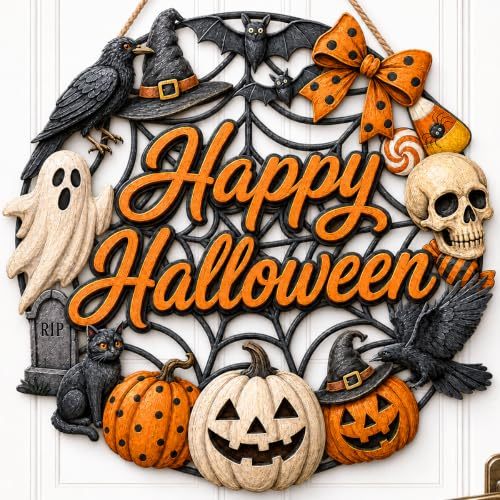 Halloween Wreath for Front Door Wooden Ghost Pumpkin Door Sign Wall Decor - MyJigsawPuzzleAu