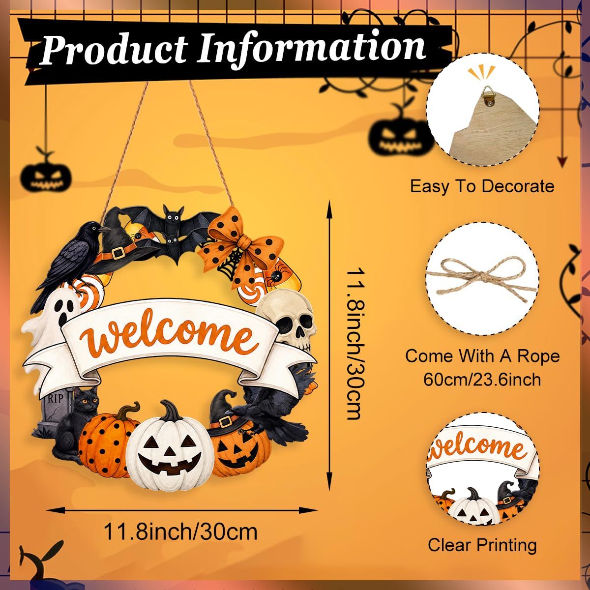 Halloween Wreath for Front Door Wooden Ghost Pumpkin Door Sign Wall Decor - MyJigsawPuzzleAu