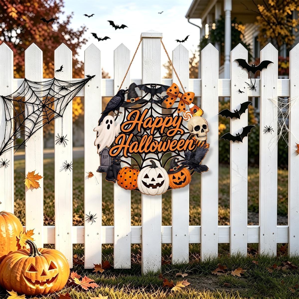 Halloween Wreath for Front Door Wooden Ghost Pumpkin Door Sign Wall Decor - MyJigsawPuzzleAu