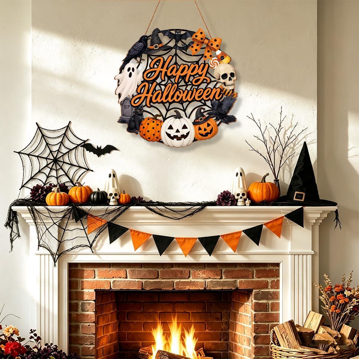 Halloween Wreath for Front Door Wooden Ghost Pumpkin Door Sign Wall Decor - MyJigsawPuzzleAu
