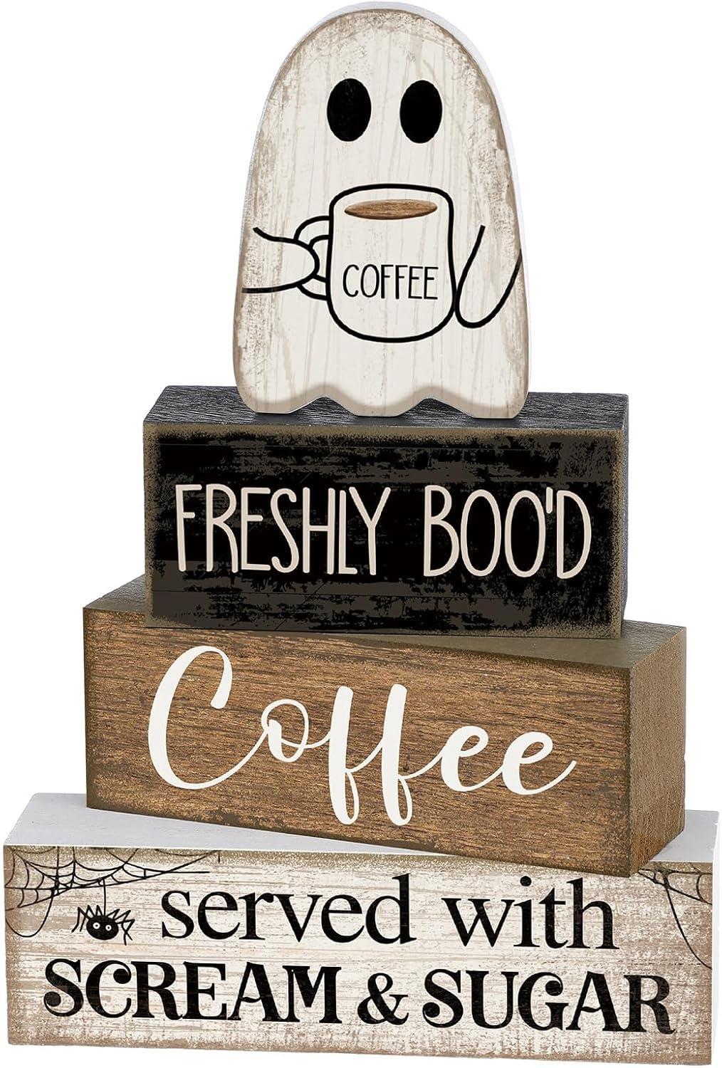 Lineshading 4 Pcs Halloween Coffee Table Decor Wooden Ghost Coffee Bar Sign - MyJigsawPuzzleAu