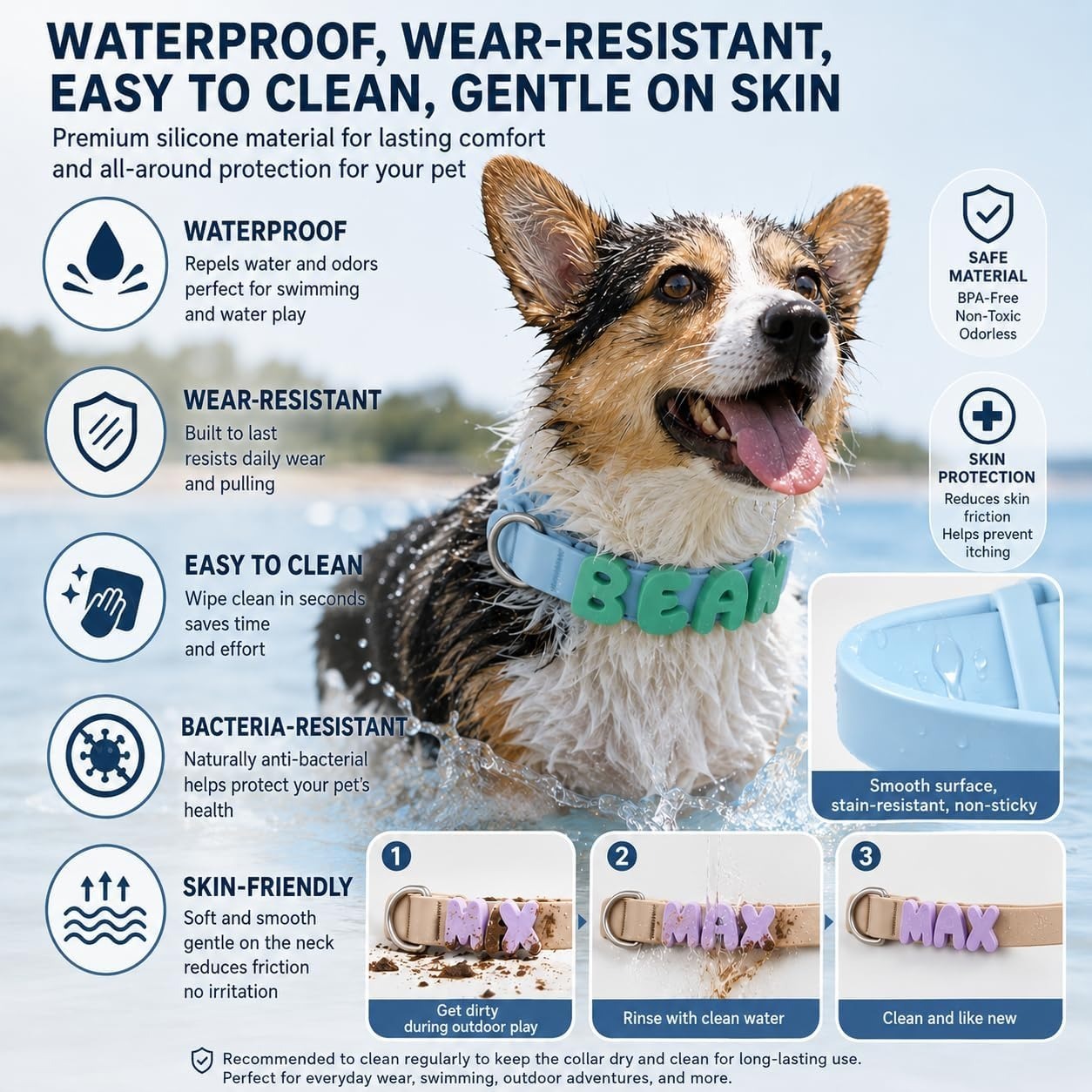 Personalized Waterproof Silicone Pet Collar Replaceable Letter Charms Pet Collar & Leash Set Easy to Clean Outdoor Pet Supplies - MyJigsawPuzzleAu