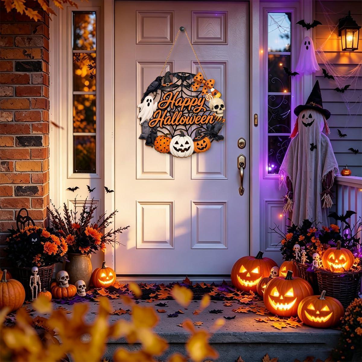 Halloween Wreath for Front Door Wooden Ghost Pumpkin Door Sign Wall Decor - MyJigsawPuzzleAu