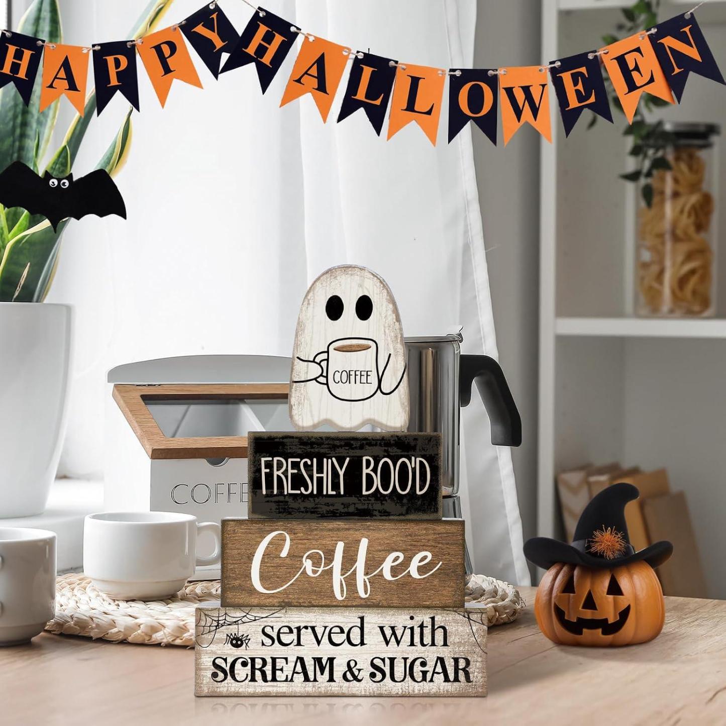 Lineshading 4 Pcs Halloween Coffee Table Decor Wooden Ghost Coffee Bar Sign - MyJigsawPuzzleAu