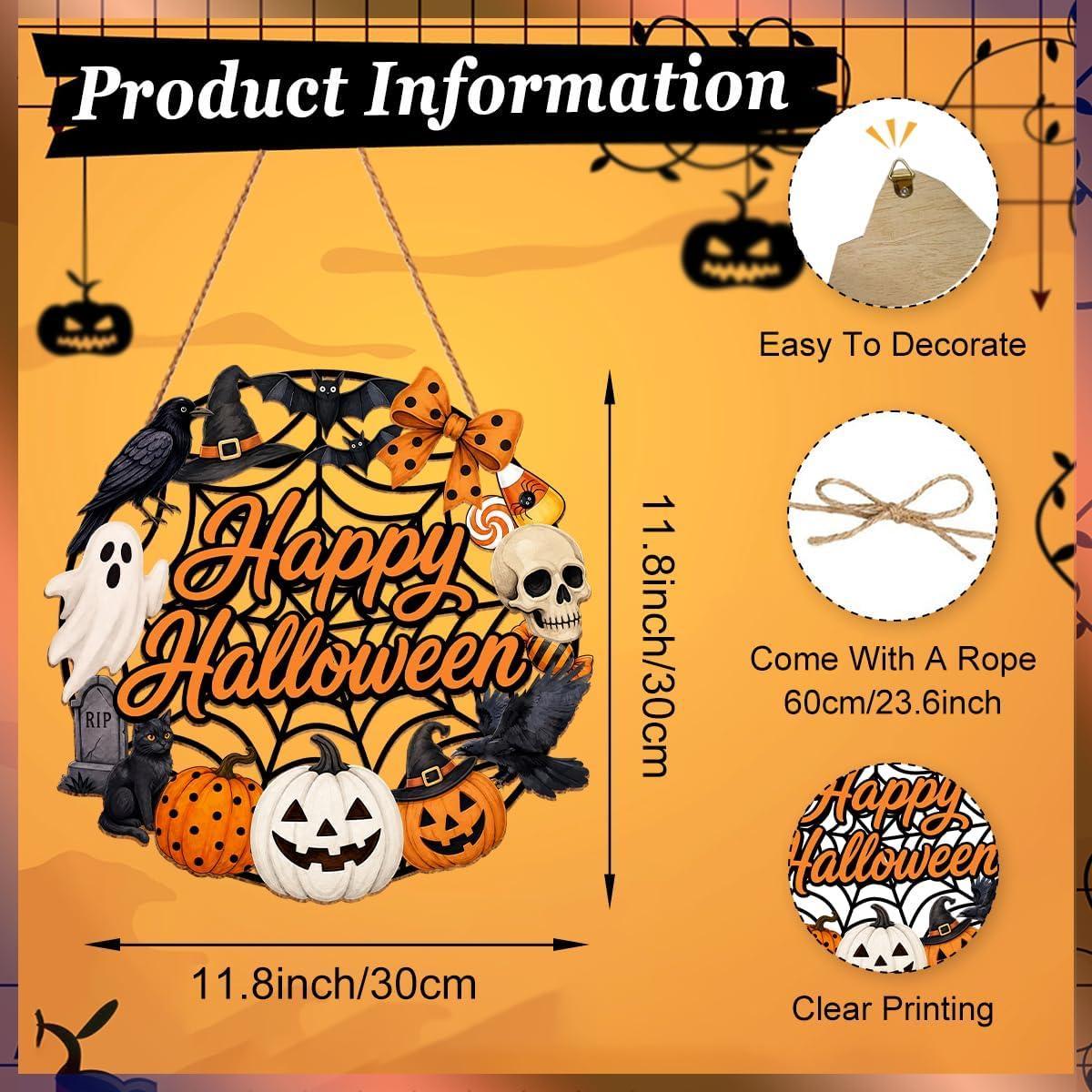 Halloween Wreath for Front Door Wooden Ghost Pumpkin Door Sign Wall Decor - MyJigsawPuzzleAu