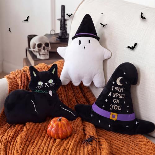 3 Pcs Halloween Throw Pillows, Pumpkin Ghost Bat Witch Hat Cat Shapes Pillows - MyJigsawPuzzleAu